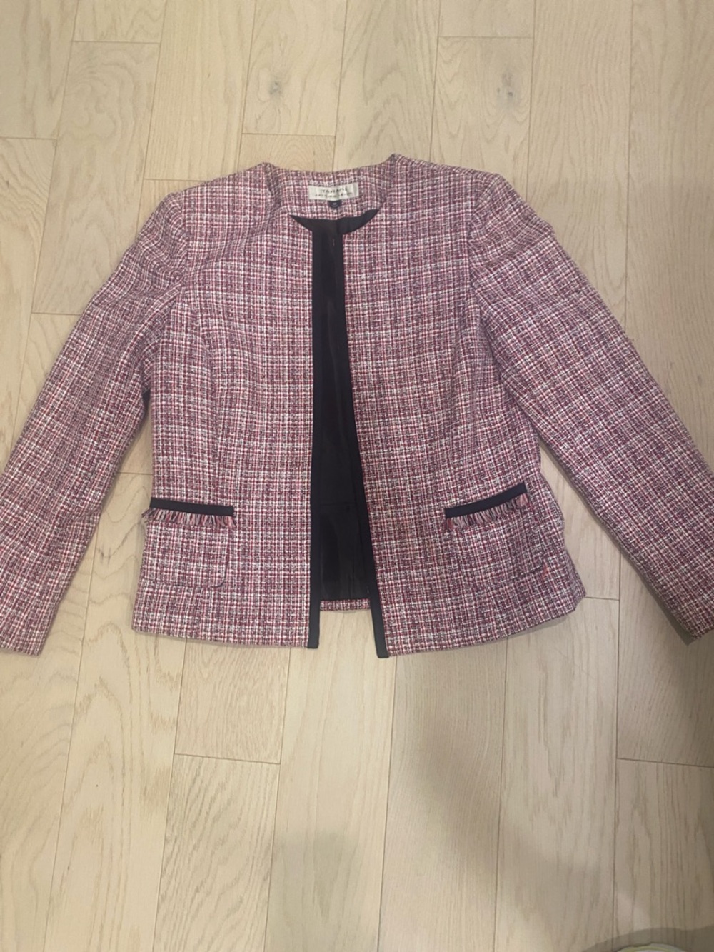 Tahari Pink Tweed Collarless Blazer with Black Trim